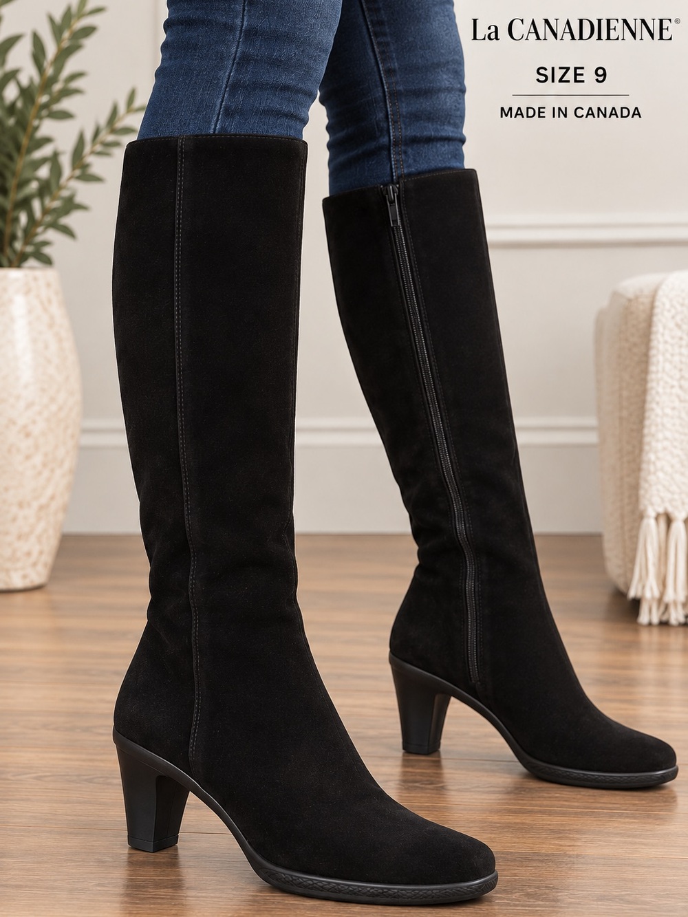 La Canadienne Womens 9M Black Suede Knee Boots waterproof mid block Heel classic